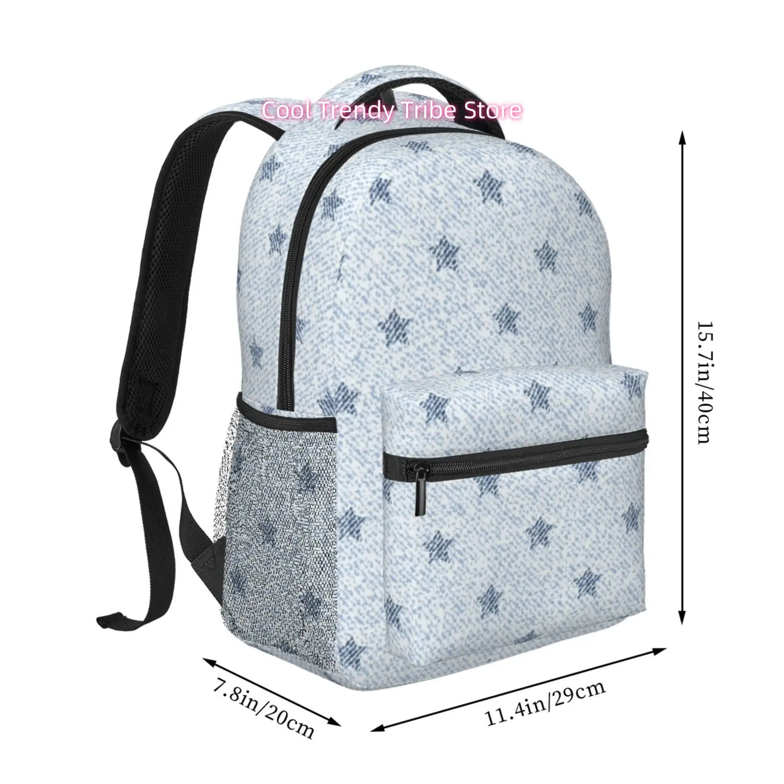 Faux Denim Style Blue Star Print Backpack, Oxford Cloth Casual Daypack, Adjustable Straps, for Women Travel, Outdoor& Daily Use