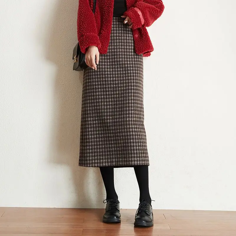 2023 Women Autumn Winter Fashion Houndstooth Woolen Skirts Female Thicken Warm Woolen Skirts Ladies Long A-line Skirts Y543