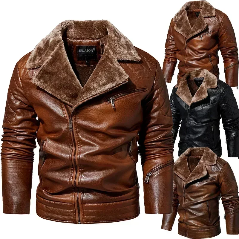 Fashion Warm Winter Men\'s Leather Jacket with Fur Collar Thicken Fleece Motorcycle Coat Casual Faux Leather Locomotive Jacket