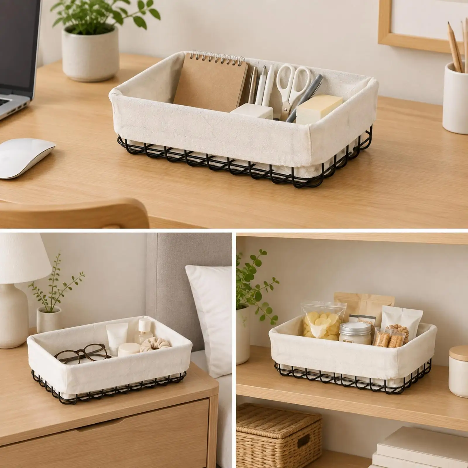 Versatile Metal Storage Basket with Cloth Insert for Kitchen Shelf Snack Holding and Small Item Organizing