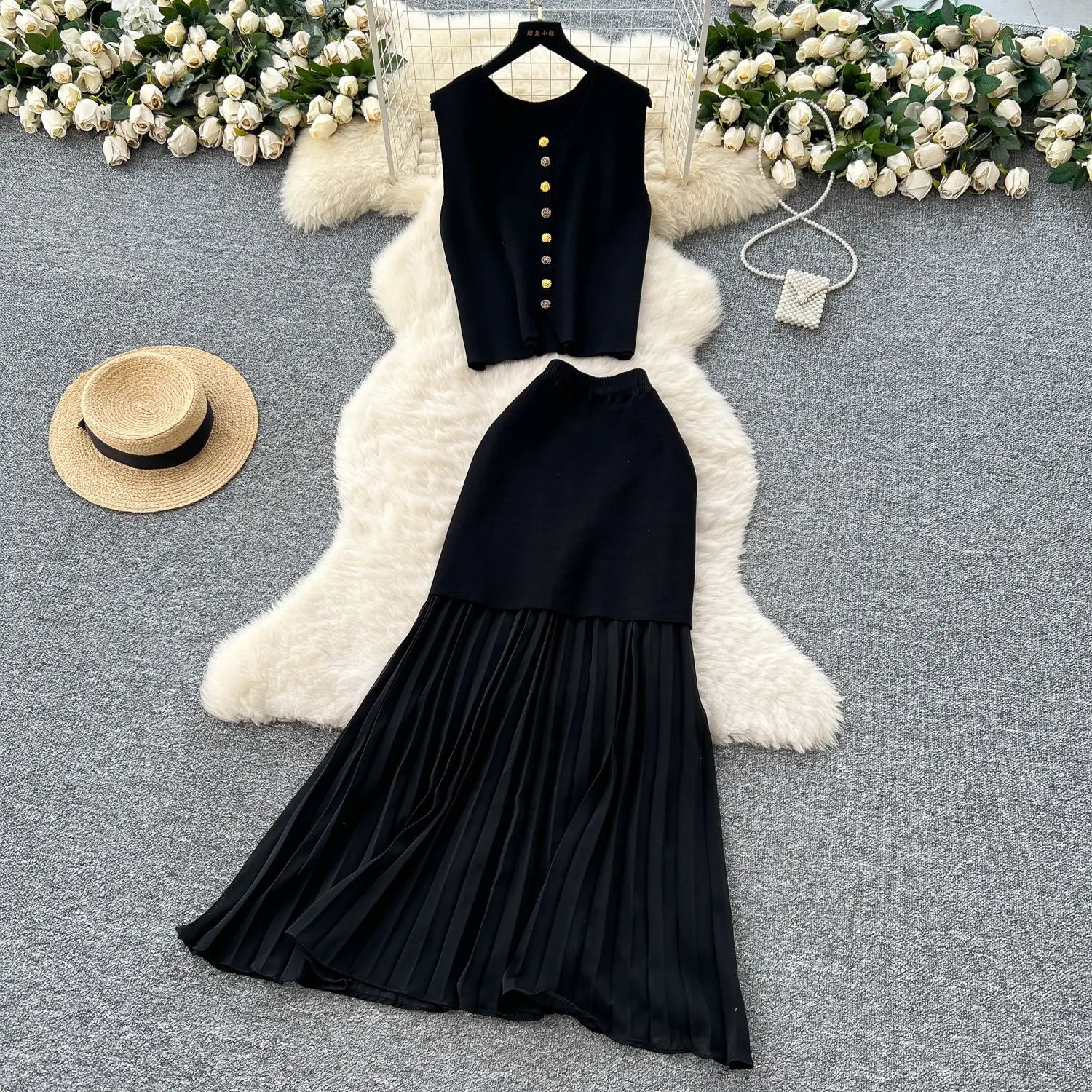 

Летние модные женские элегантные простые однотонные комплекты из 2 предметов, однобортные топы без рукавов, женские юбки с высокой талией