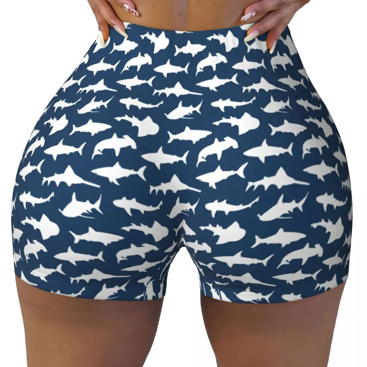 

Custom Sharks On Navy Blue Biker Running Workout Shorts for Women Gym Athletic Yoga Shorts