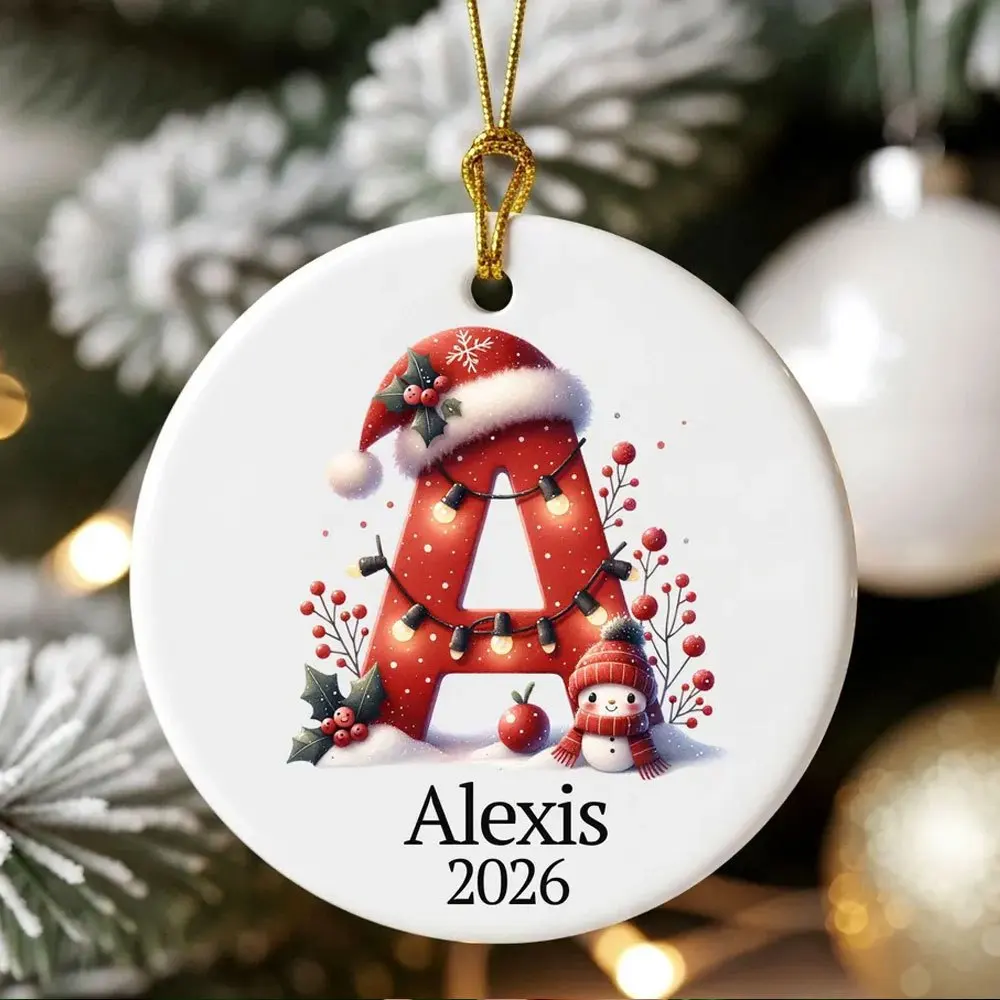 Christmas Initial Ceramic Ornament Custom Name Year Letter Santa Hat Xmas Tree Hanging Decor Family Holiday Keepsake Gift