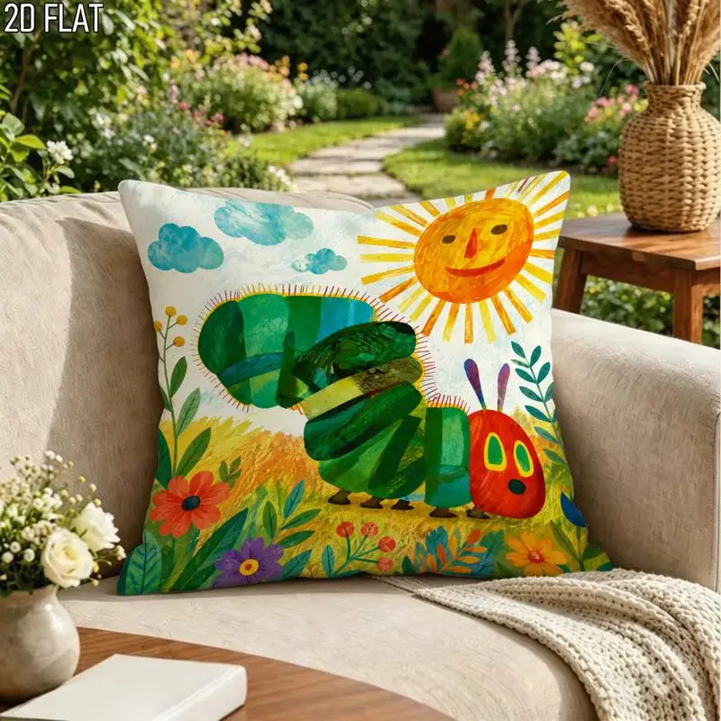1 Stück Eric Carle Style Hungry Caterpillar Bunter Gartenkunst-Kissenbezug, 2D-Doppelseitiger Druck, Polyester-Kissenhülle für Kleinkinder