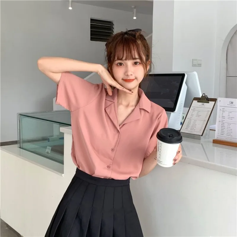 Korean Women Blouse Retro V-neck Short Sleeve Shirt