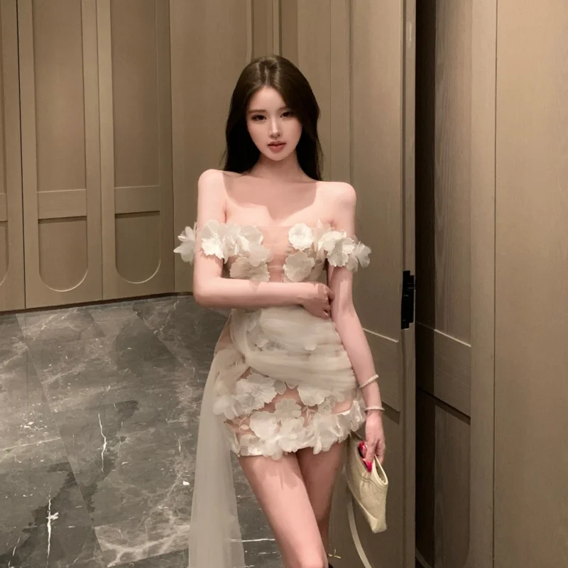 Summer Korean Fashion High End Evening Dress Women 3D Flower Heavy Duty Tulle Strapless Dress Elegant Chic Luxury Slim Dress