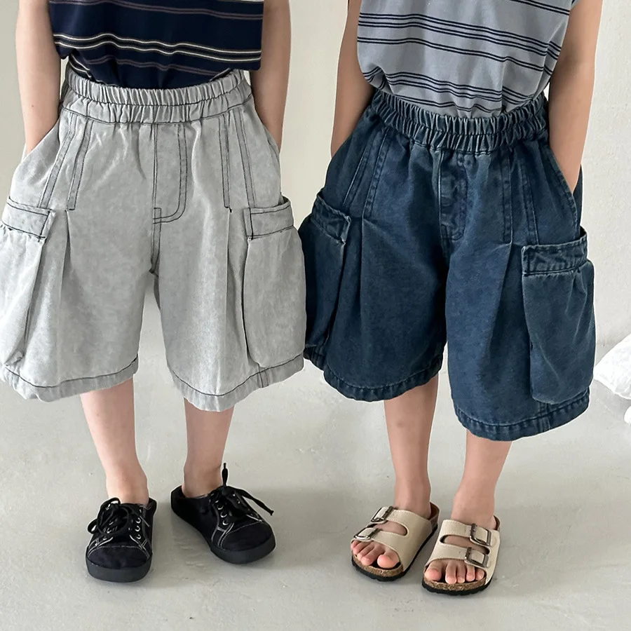 2026 Children's Summer New Denim Mid Pants for Baby Boys and Girls, Used Fashionable Loose Pocket Work Shorts