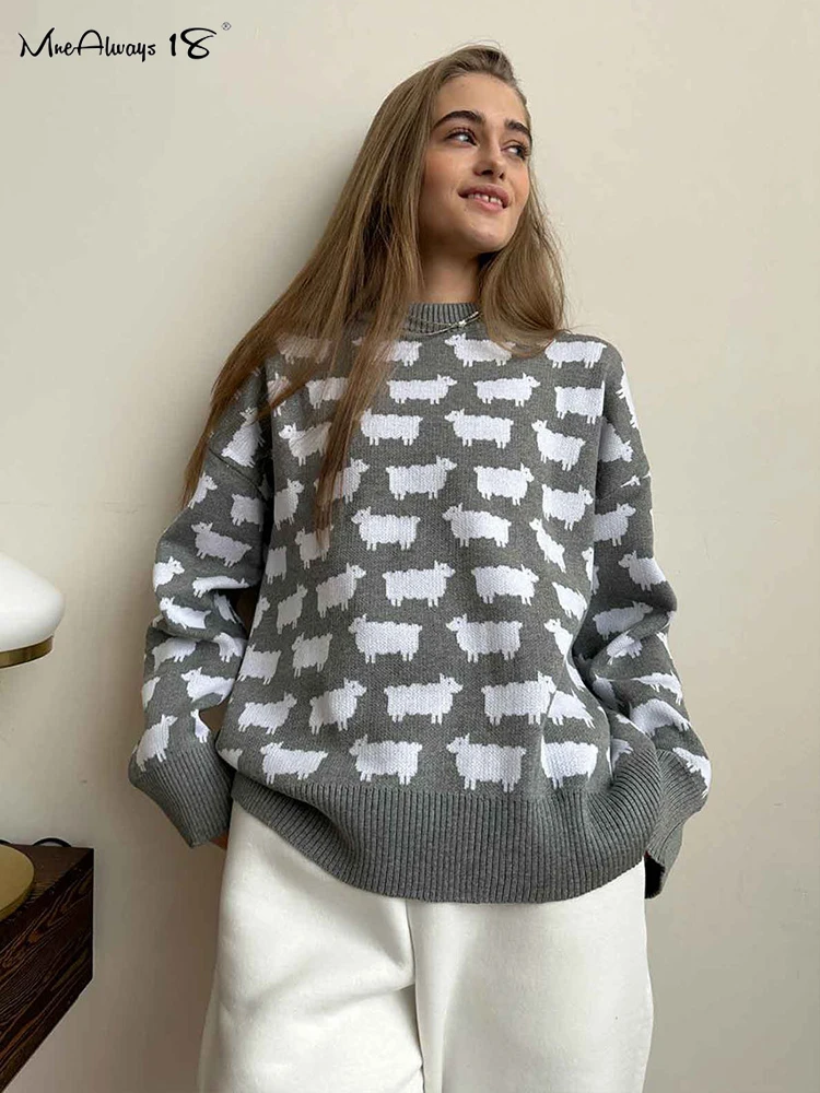 Mnealways18 Elegant Women Sheep Printing Sweater Warm Knitted Classic O-Neck Pullover Tops Autumn Winter 2024 Streetwear Sweater