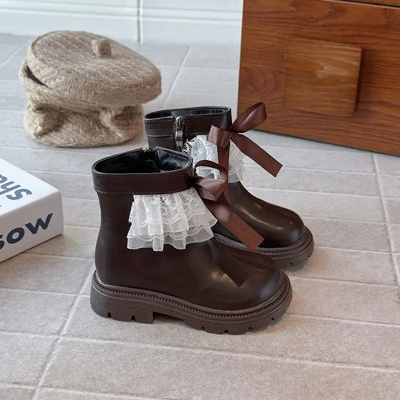 الفتيات فروي الدانتيل الجلود حذاء من الجلد لخريف شتاء 2025 الأميرة نمط أحذية بوت قصيرة العصرية الاطفال أحذية الشتاء #3