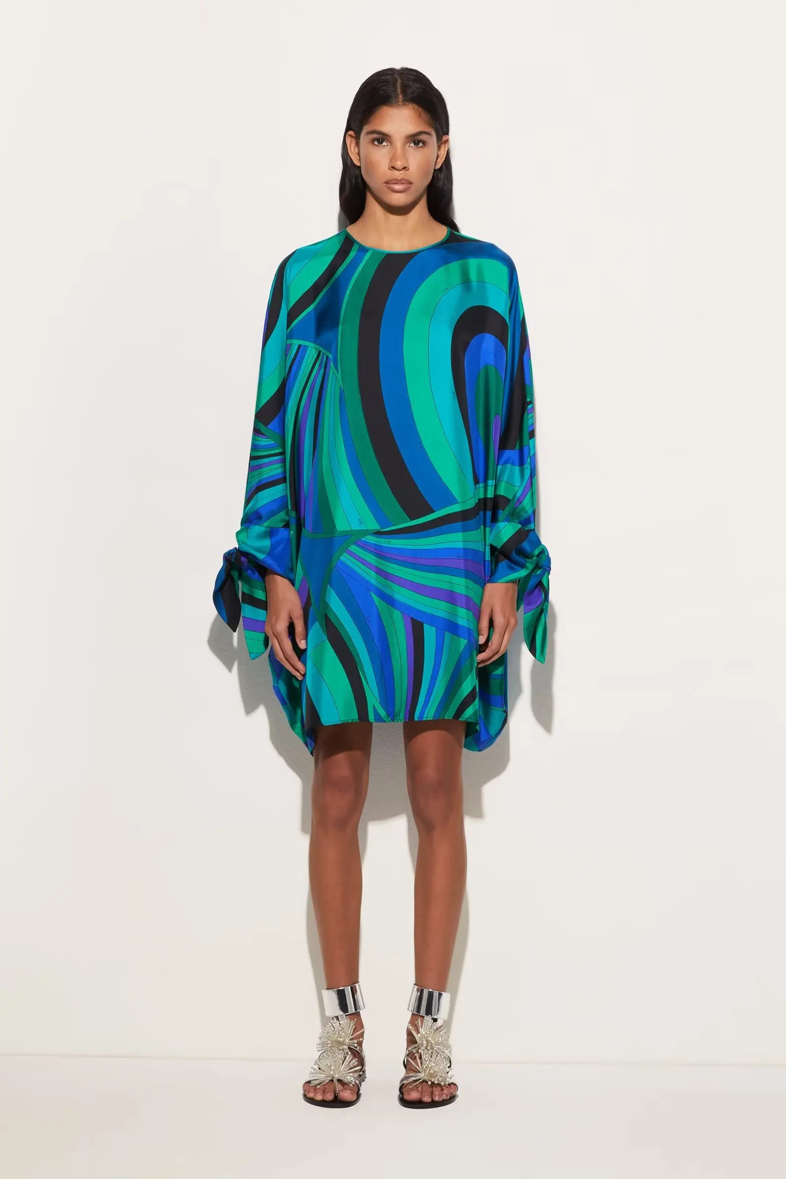 

BB6565 ZA25 summer new women's casual style round neck long sleeved patchwork printed loose medium long A-line MIDI dress