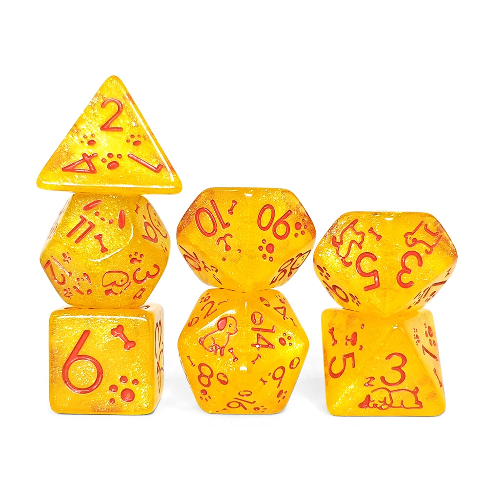 7Pcs Yellow Acrylic Pet Cat Dog Paw Polyhedral Dice Set with Red Numbers for Polyhedral Dice Set DND RPG MTG TTRPG Games