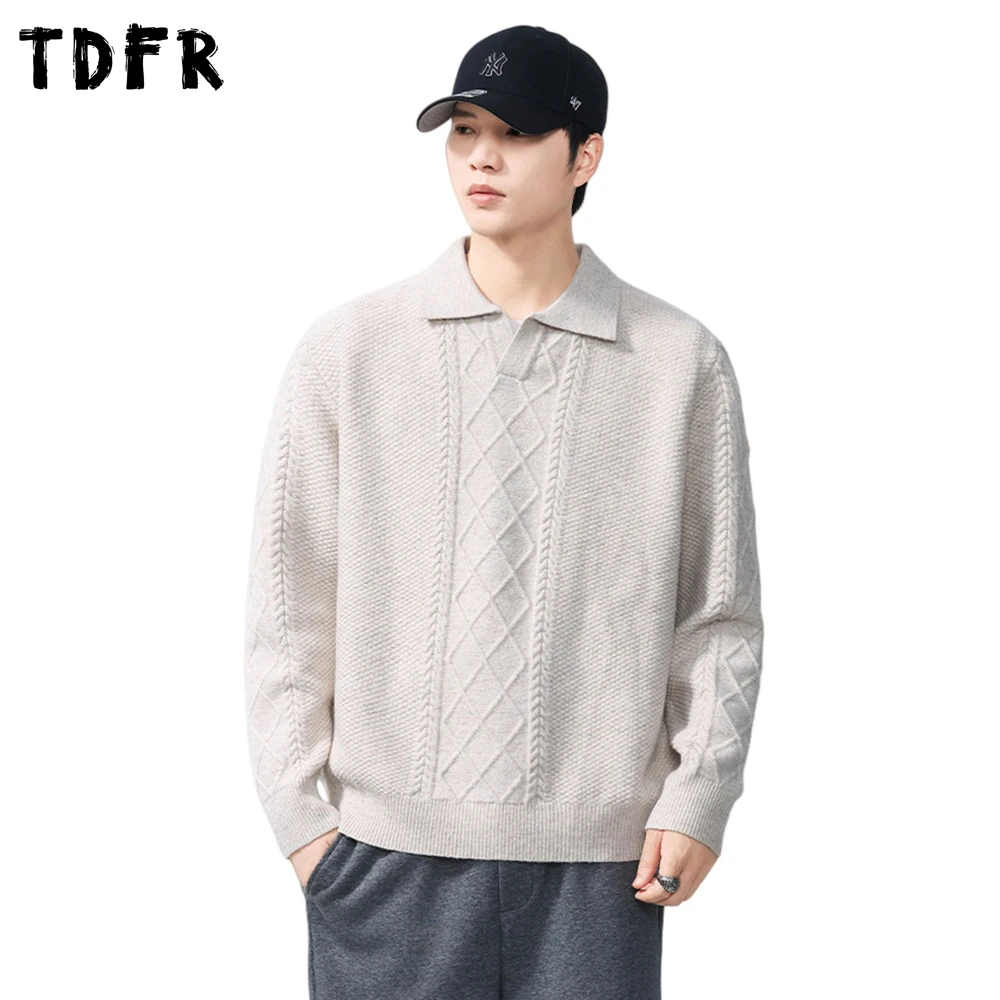 

Solid Color Lapel Sweater Mens Autumn Winter Retro Casual Simple Lapel Long Sleeve Knitted Pullover Man
