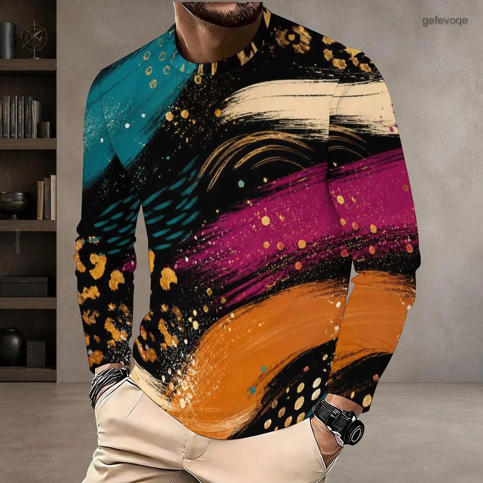 Men Woodland Leaf Antler Printed Round Neck Long Sleeve Pullover T-Shirt