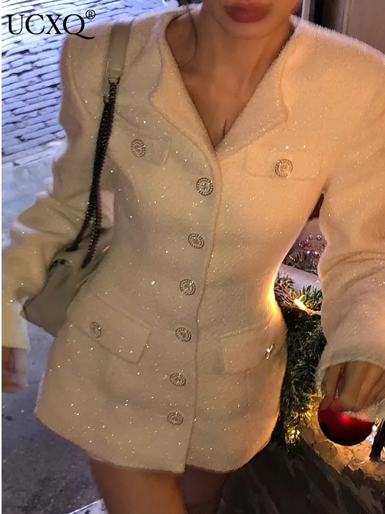 UCXQ Elegant Women's Coat Korean Style Beading Sequin Lace Up V-neck All Match Fashionable Waist Jacket 2024 Spring Autumn C1998