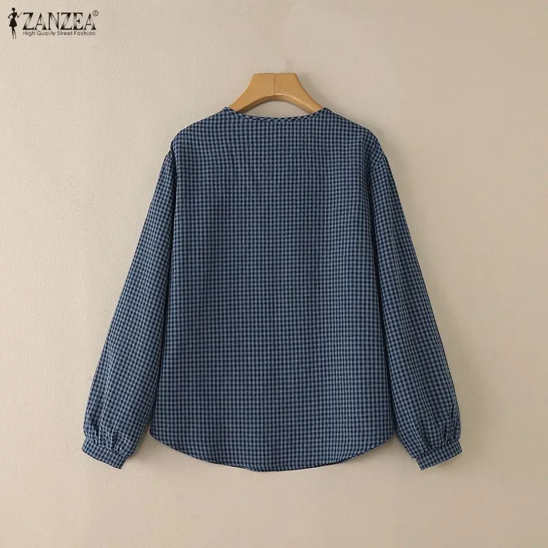 여성 캐주얼 데일리 깅엄 블라우스 주름진 O넥 반단추 긴팔 체크 탑 봄 여름 ZANZEA 여성 의류
