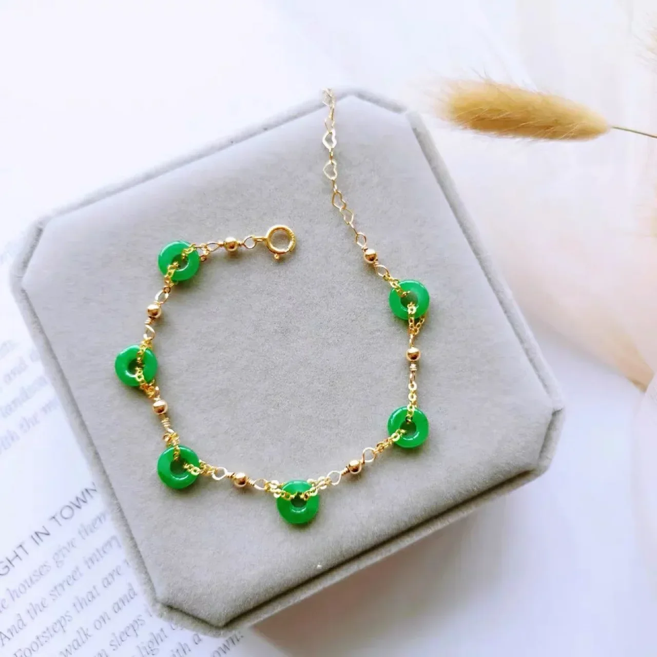 Green Jade Donut Bracelets for Women Bangle Bracelet Jewelry 18k Gold Plating Real Natural Bead Emerald Gift Gemstone Amulets