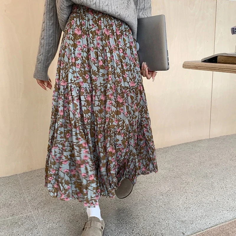 Korean Style Floral Skirts Women High-waisted A-line Slim Thin Fashion Autumn and Winter New Arrival Daily Basic Skirts Female