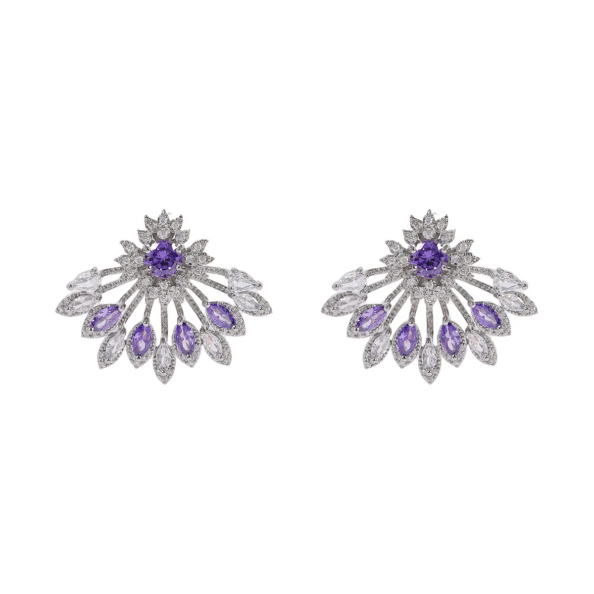 925 Silver Needle Amethyst Fan Shape Drop Earrings, Sparkling Statement Jewelry for Party, Ideal Gift for Women