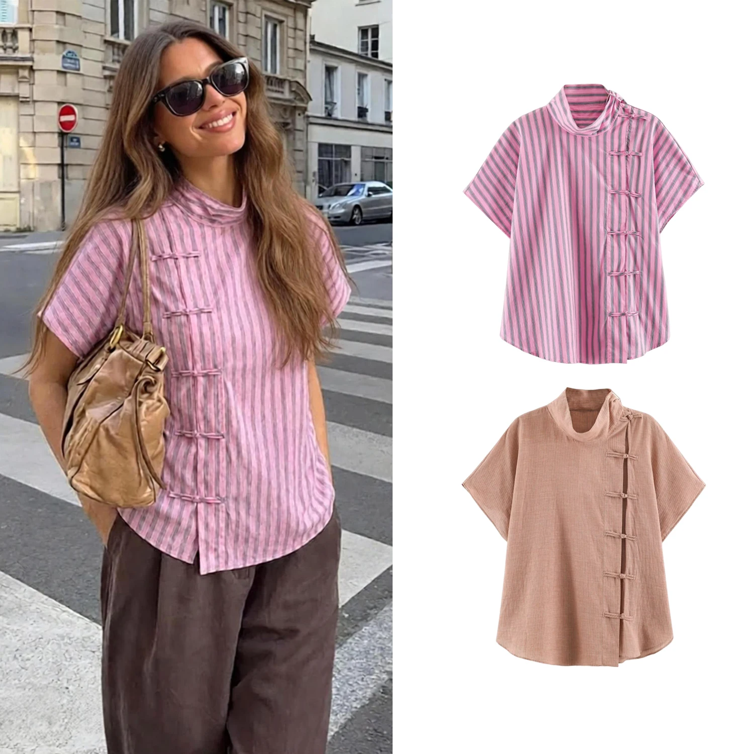 Women Chinese Style Casual Shirts Summer Female High Street Chic Striped Stand Collar Knot Button Blouse Top Lady Holiday Shirts