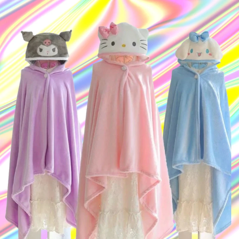 

MINISO Kuromi Hello Kitty My Melody Cosplay Cloak Blanket Kawaii Hooded Cape for Student Office Cartoon Plush Blanket Roleplay