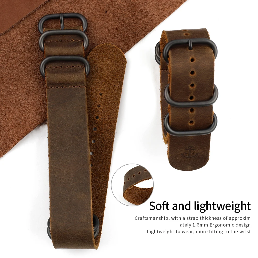 Handmade Crazy Horse Leather Strap 22mm Coffee Men Watch Strap Vintage Leather Watch Band with Five Rings Buckle