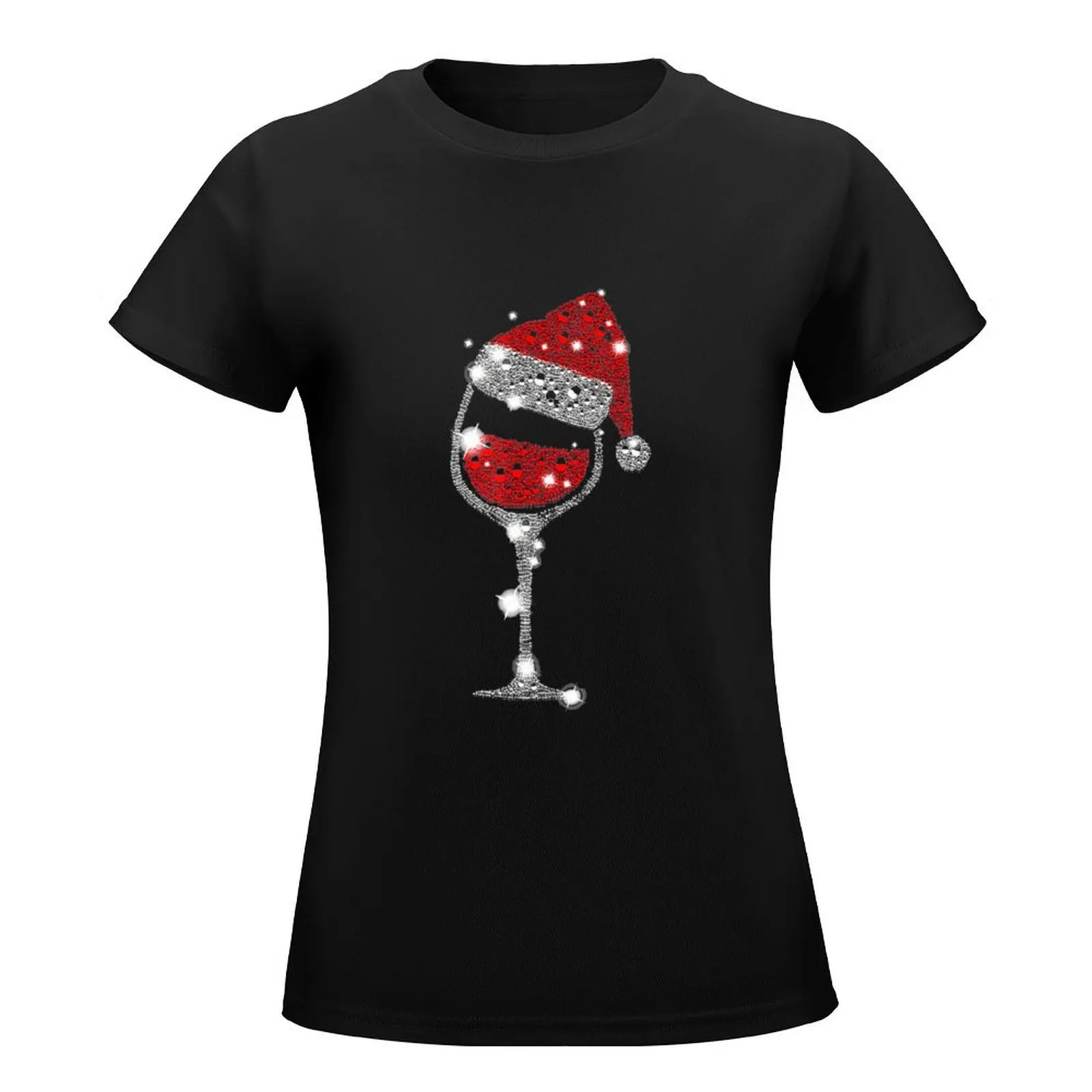 Red Wine Glass Christmas Funny Santa Hat Xmas T-Shirt oversized funny Aesthetic clothing Blouse t-shirt dress for Women graphic