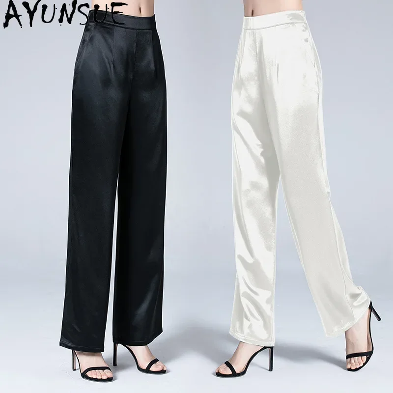 AYUNSUE 95% Mulberry Silk Pants Women 2024 Elegant Office Wear Trousers Womens Wide Leg Baggy Pants Summer Clothes Pantalones