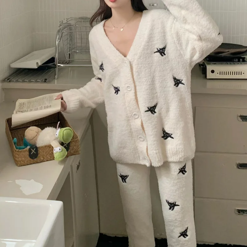 Kuzuwata 2024 JAPAN Homewear Underwear V Neck Long Sleeve Single-breasted Top Sleepwear+high Waist Embroidery Pant Pajama Sets