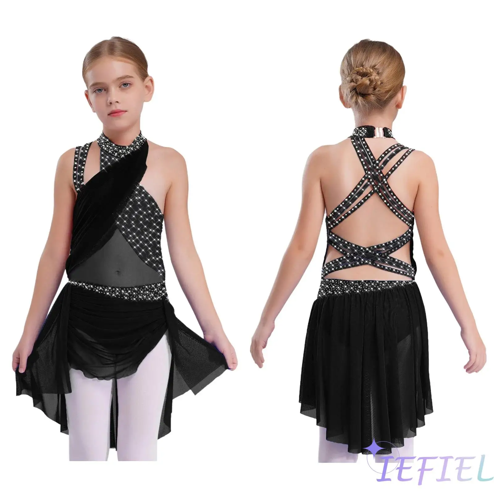 

Girls Lyrical Dance Dress Sparkling Rhinestones Figure Skating Costume Crisscross Strappy Dancewear for Latin Dance Performance