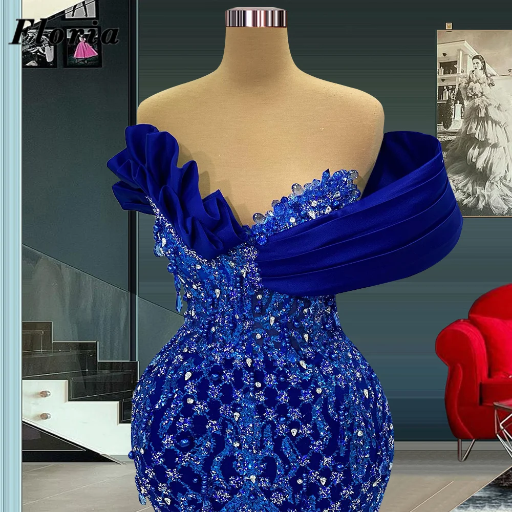 Elegant Royal Blue Celebrity Dresses Off Shoulder Prom Gowns Robe Du Soir 2025 Arabic Dubai Beaded Mermaid Women Evening Dress