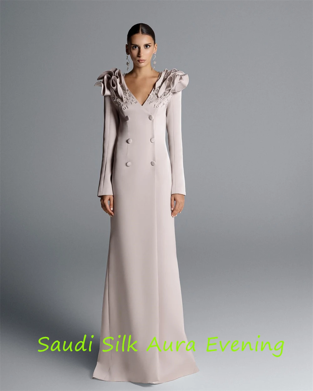 ที่กําหนดเองอารมณ์สีเทา JERSEY ชุดราตรี V คอแขนยาวคนดังชุดคริสตัล Vestido De Festa ปุ่ม