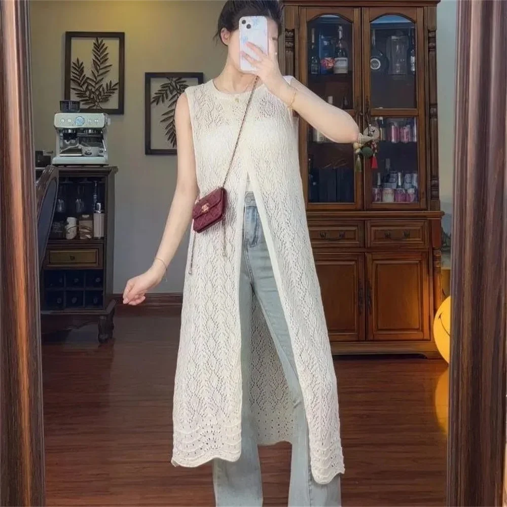 

French Style hollowed out long knit sweater vest women's summer thin Sunscreen shirt Sleeveless Top