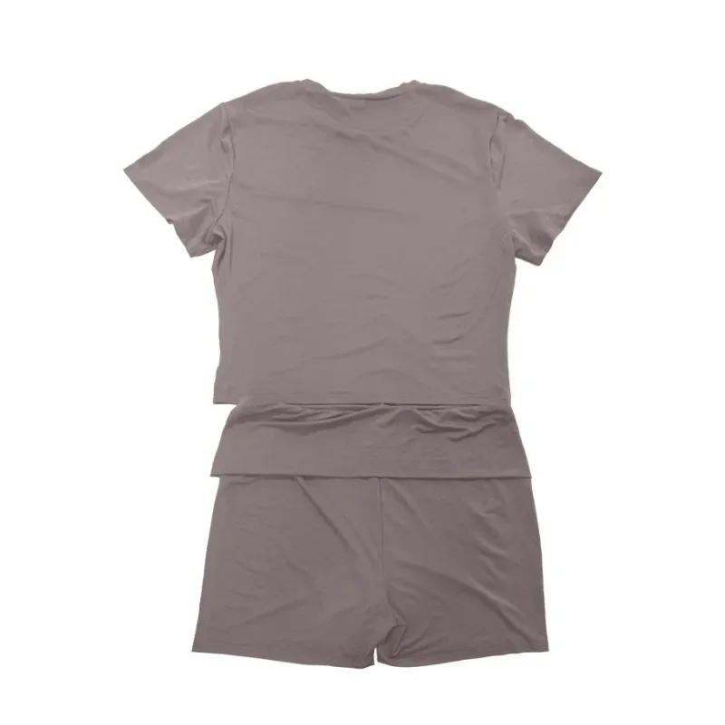 Conjunto de Top de manga corta y pantalones cortos plisados de cintura alta para mujer, talla grande 1XL-5XL, Color sólido, informal, cómodo, cuello redondo