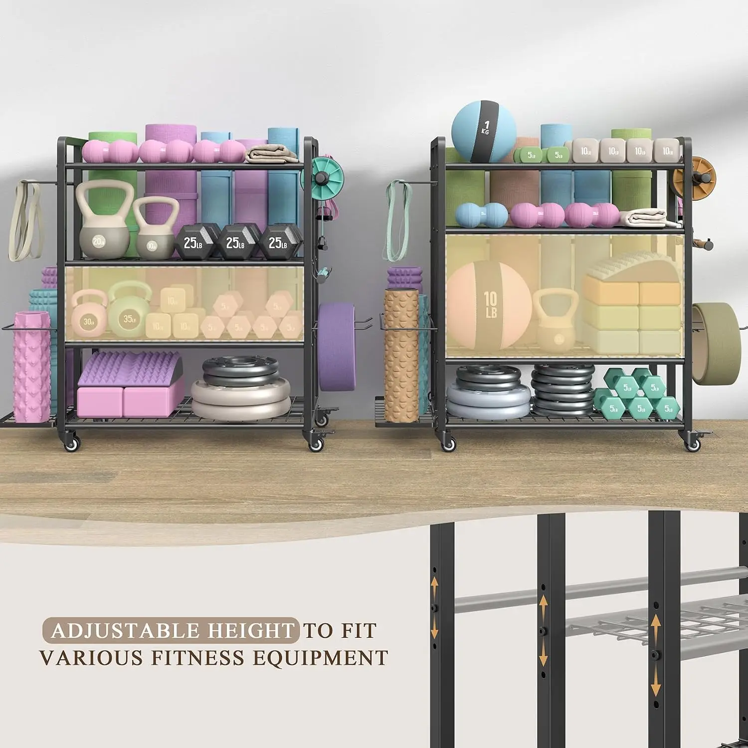 4-Tier Weight Rack for Home Gym with Wheels and Hooks | Adjustable Gym Storage Rack for Dumbbells Kettlebells Yoga Mat, All-in-O