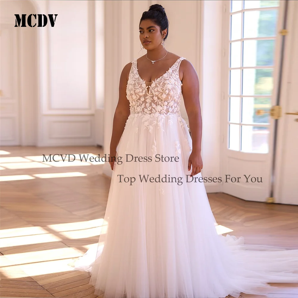 MCDV Oversize Lace Weddings Dresses Bridal Backless V-Neck Applique Sleeveless Boho Vestidos De Novias Sweep Train Customized