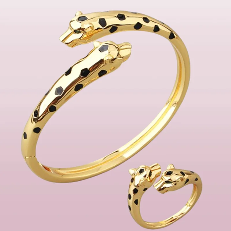 Size 17cm Slim Smooth Double Black Leopard Cuff Bangles Bracelets Panther Jewelry Set for Women Party Gifts