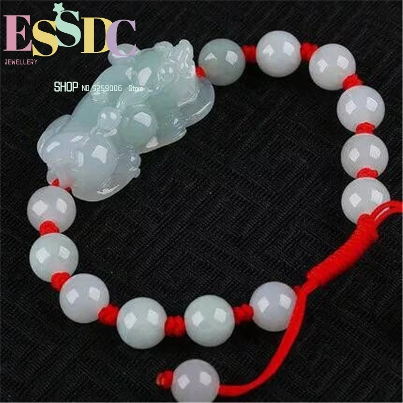 AAA Natural Burma Jadeite Pea Green Lce Feitsui Pixiu Charm Bracelet Lucky Red Rope For Fashion Men Women Gift+Free