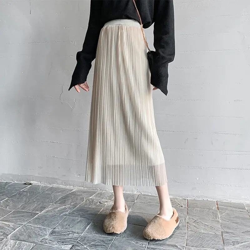 Spring Autumn New Solid Color Fashion Elastic Waist A-line Skirt Women High Street Screw Thread Lace Patchwork Hip Wrap Skirt