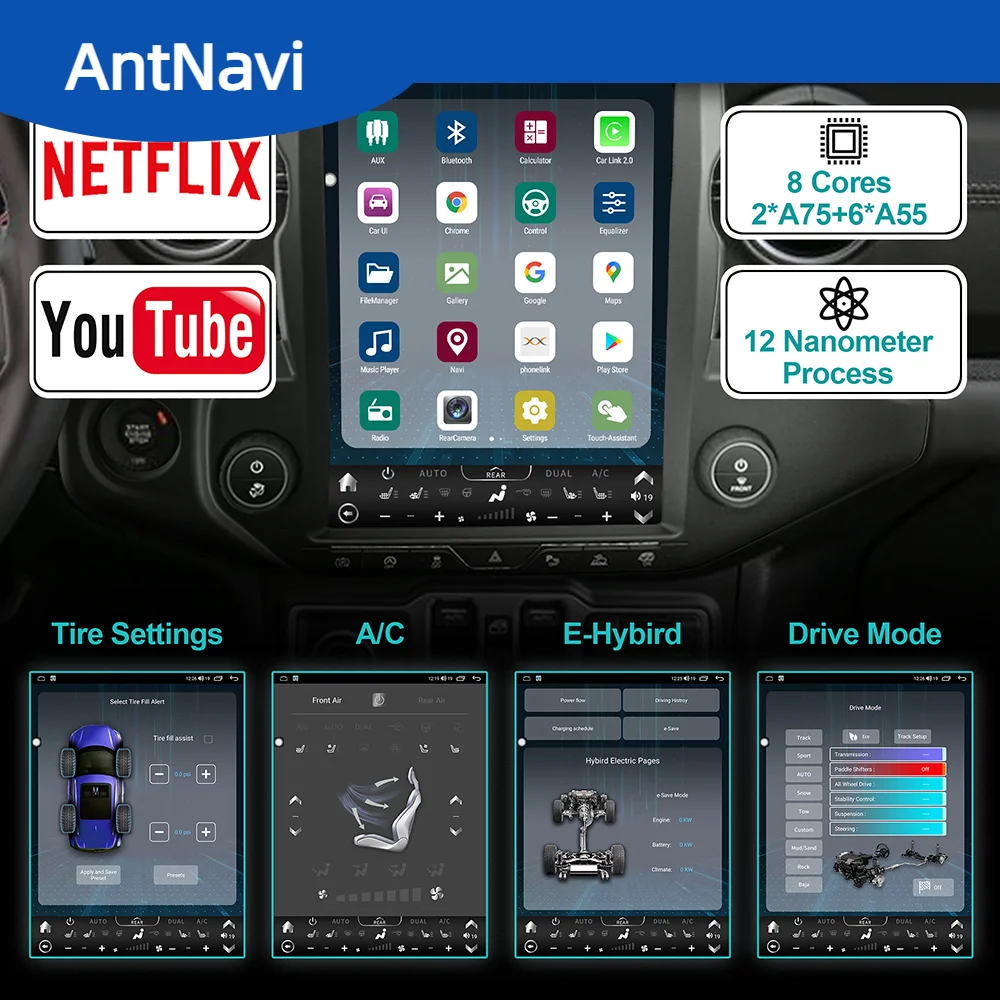 AntNavi 12″ Android Auto Car Radio 2 din Multimedia Player For Jeep Wrangler 2018-2022/Gladiator 2020-2022 Car Stereo GPS DVD