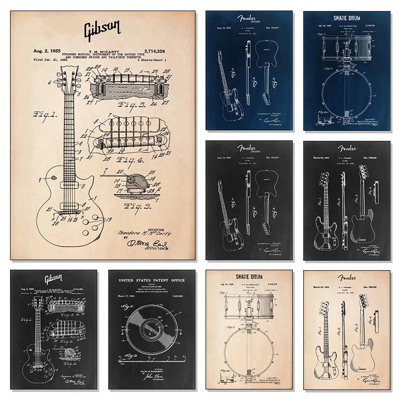 Vintage Gibson Les Paul Guitar Snare Drum Blueprint Poster and Print Canvas Printing Wall Art Picture for Living Room Home Decor