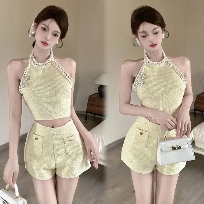 

Celebrity Sequined Hanging Neck Backless Crop Top Sleeveless Tank Women Spicy Luxury Shorts Summer Banquet Coarse Two Pieces Set