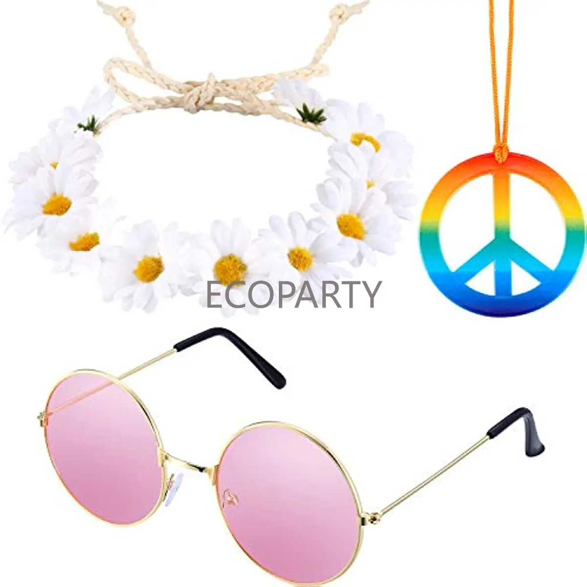 

3 Pieces Hippie Costume Accessories Set Rainbow Peace Sign Necklace Flower Crown Headband Hippie Sunglasses 60s 70s Dressing