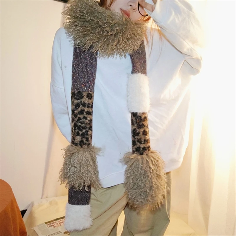 Knit Skinny Scarf For Women Neckerchief Leopard Print Neck Wrap for Women Belt Choker Furry Headdress Neckerchief DXAA