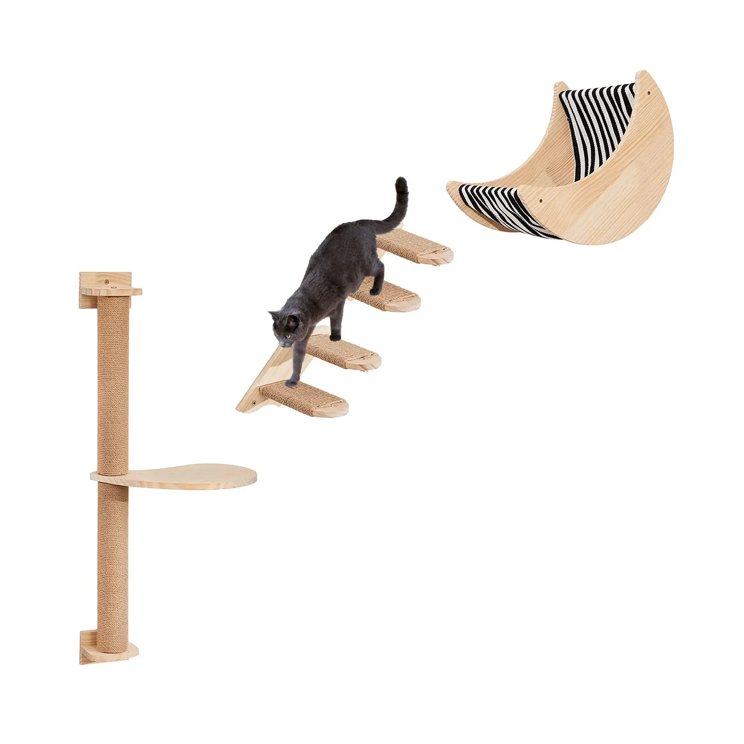 Pet Furniture Four Steps Stair Mounted Climbing Shelves Wooden Perch Cat Wall Shelf And Moon Hammock