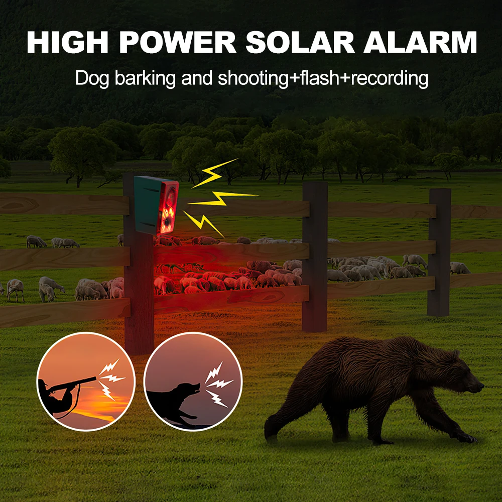 Solar Powered Animal Repeller Infrared Motion Sensor Detector Alarm Light with 129db Dog Barking for Home Yard Outdoor Security