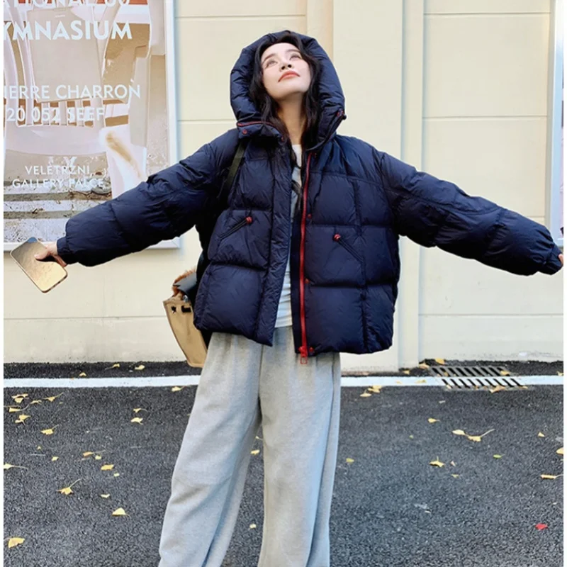 سترة قطن كورية للنساء سترة قطنية دافئة فضفاضة سترة عصرية بغطاء للرأس بسحاب إبداعي بألوان متباينة نمط جديد #1