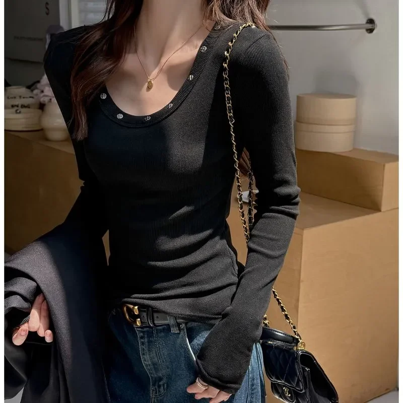 Women Y2K Sweet Spicy U Neck Long Sleeve T Shirt Brushed Thick Slim Fit Autumn Winter Inner Wear Cropped Top