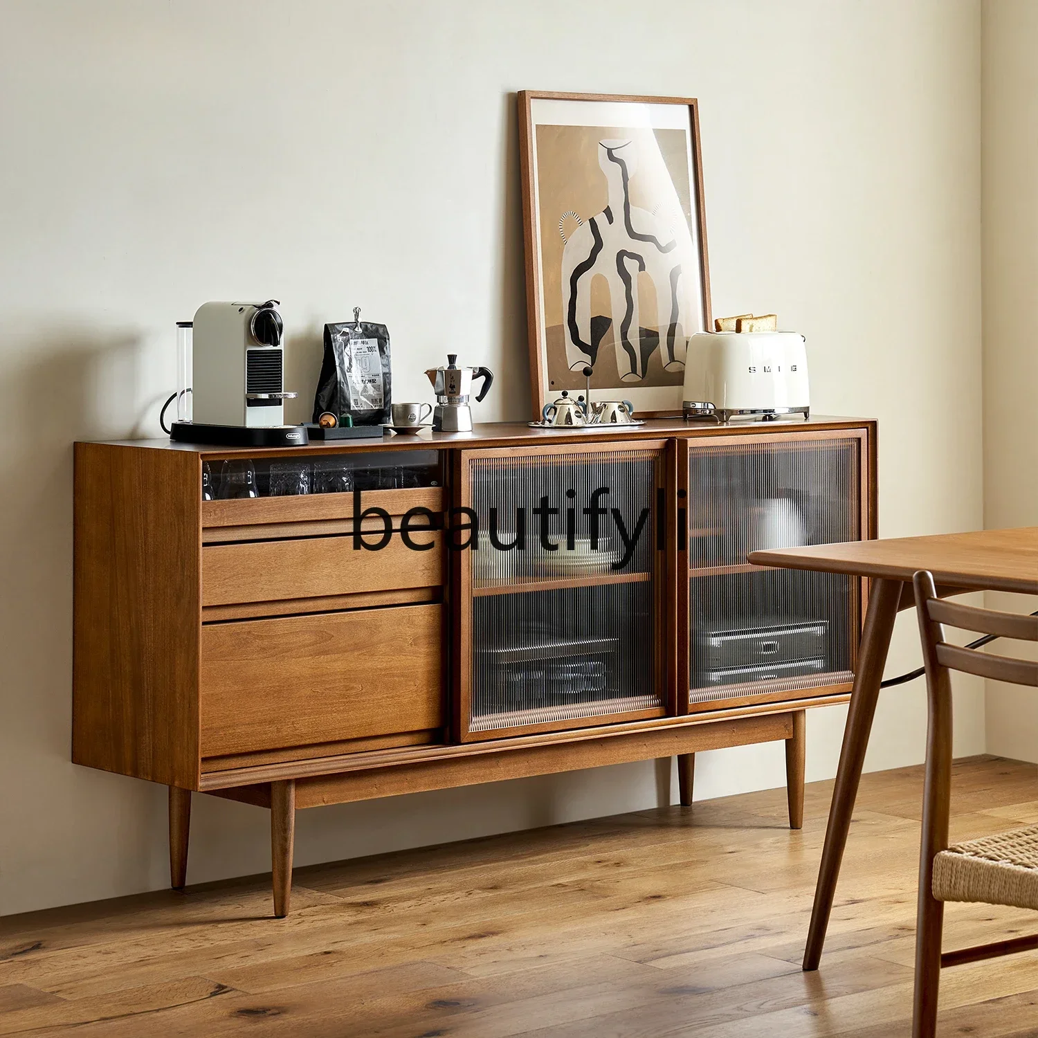 

Medieval dining side cabinet solid wood Nordic living room coffee cabinet glass door simple bucket cabinet