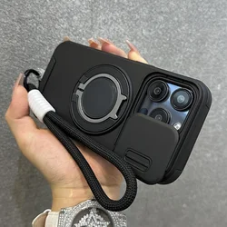 Slide Camera Protection Ring Magnetic Case For iPhone 17 16 15 14 13 12 11 Pro Max Wrist Strap Cord For Magsafe Shockproof Cover