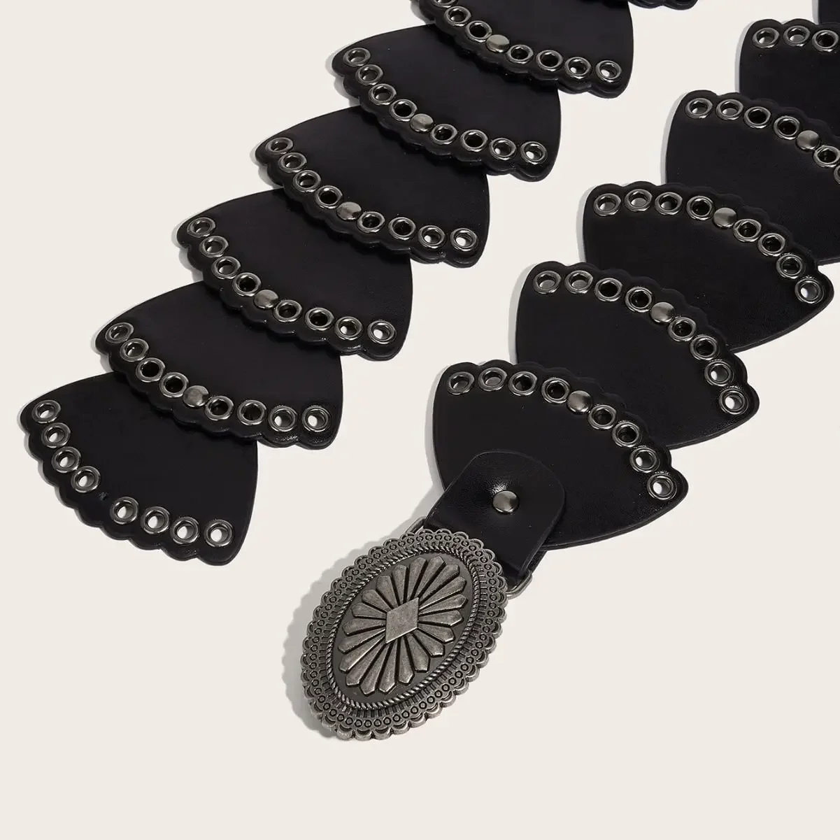 European and American retro women's belt street fashion hollow ring PU leather splicing feature waist belt versatile nail bead